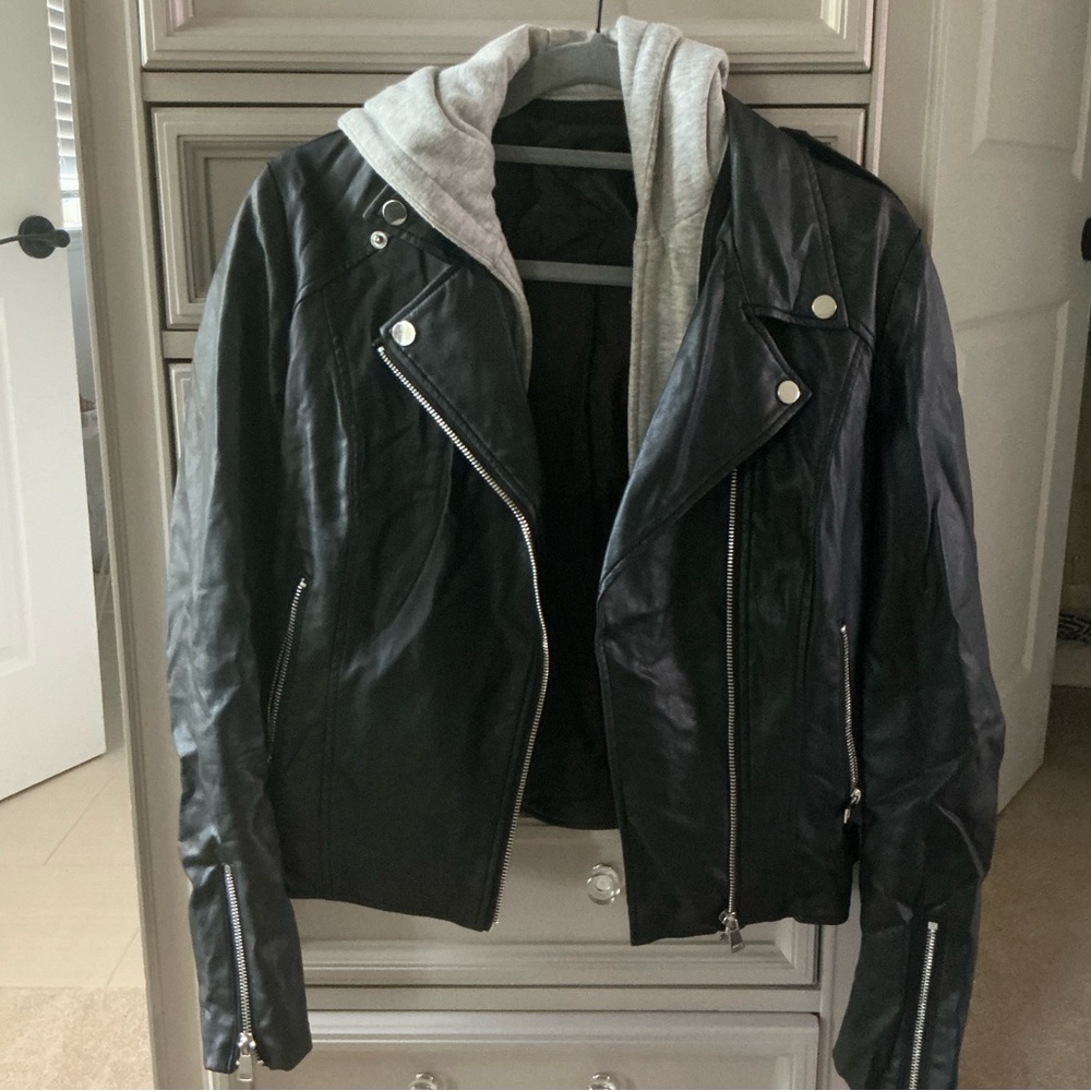 Aqua Womens Leather Jacket detachable hood